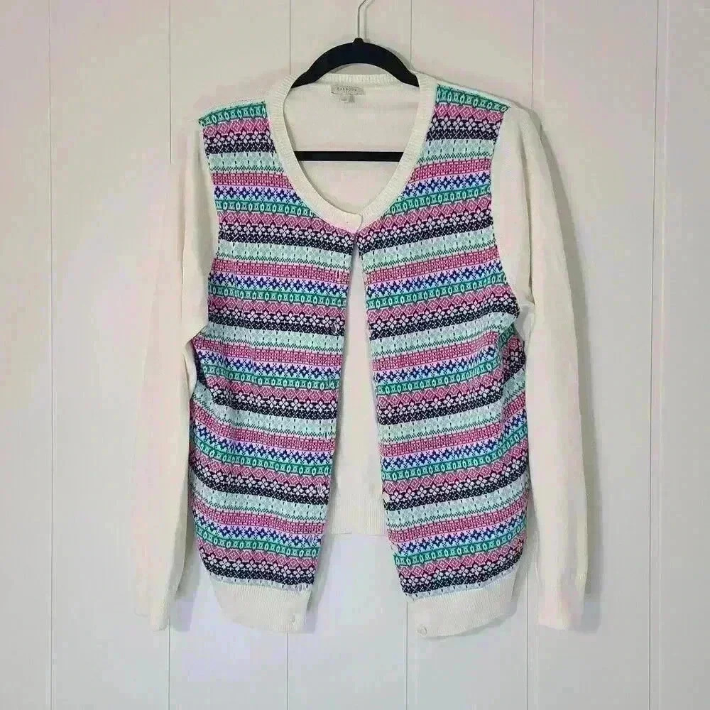 Talbots Women Knit Cardigan Fair Isle Nordic Cotton Rayon Size L